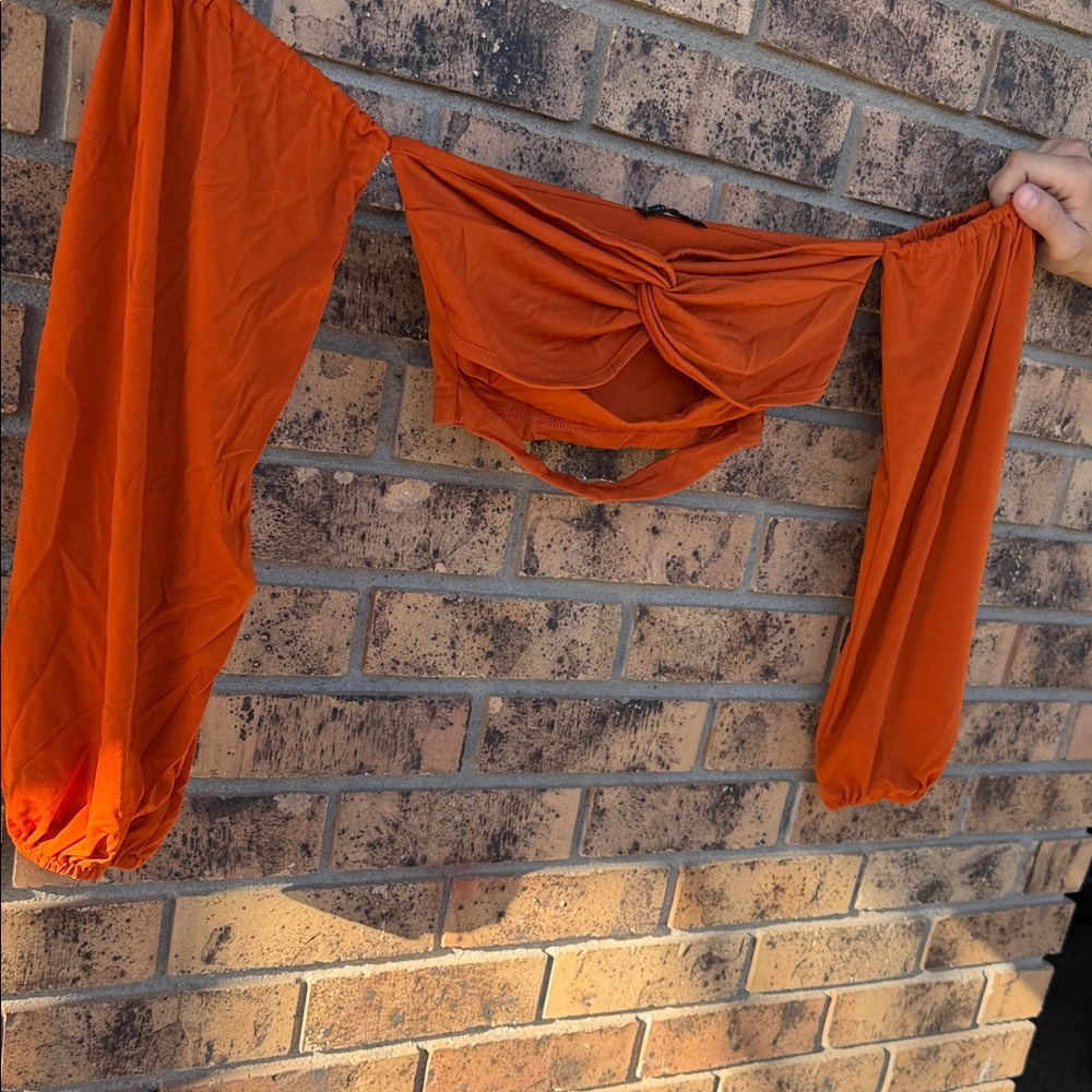 SHEIN Burnt Orange Off-Shoulder Twist Crop Top